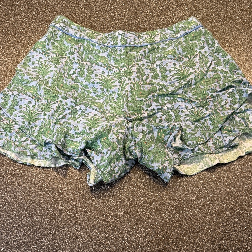 Anthropologie Tiered Blue and Green High-Rise linen blend Elephant Ruffle Shorts